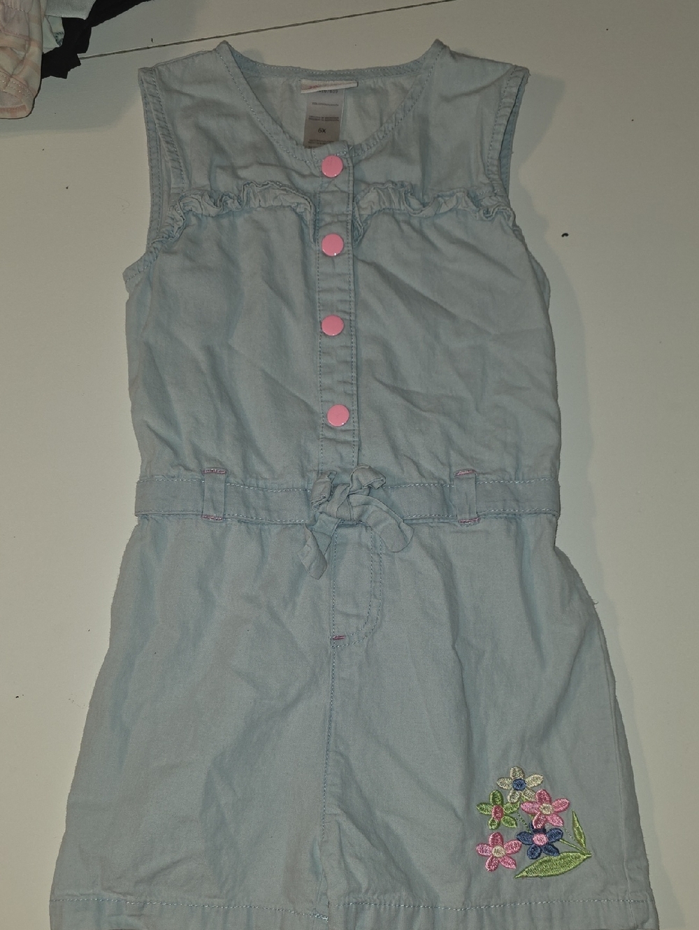 Little Lass Light Blue Chambray Romper with Pink Buttons
